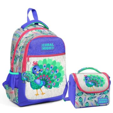Coral High 2li Set Tavuskuşu Desenli Okul Çantası Beslenme 23488