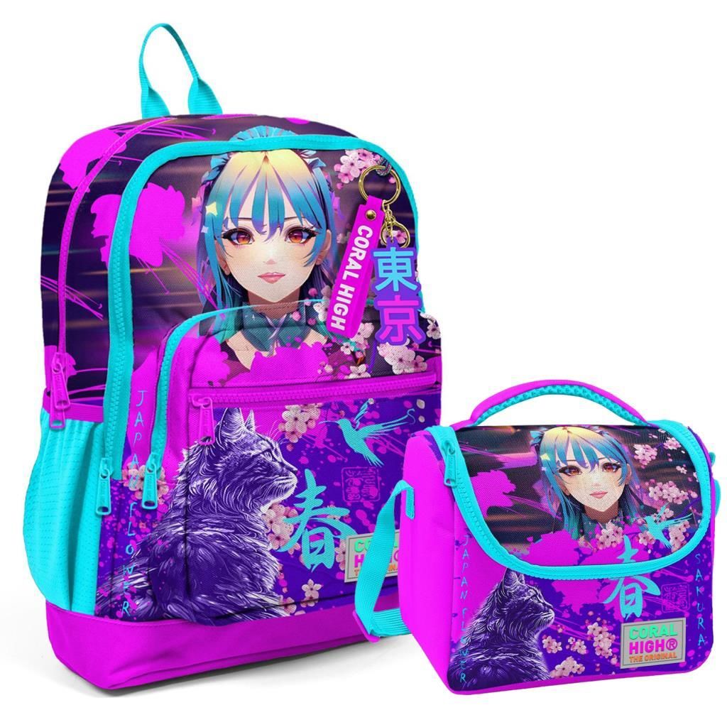 Coral High 2li Set Kedili Kız Desenli Okul Çantası Beslenme 23753