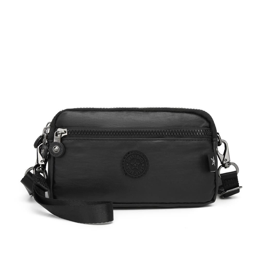 Metalik Kumaş Smart Bags Mini Boy Postacı Çantası ve Cüzdanı 1112 Siyah