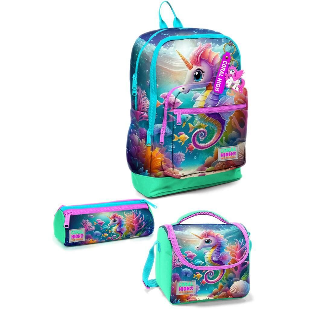 Coral High Desenli Okul Çantası Beslenme Kalemlik 3lü Set 23772