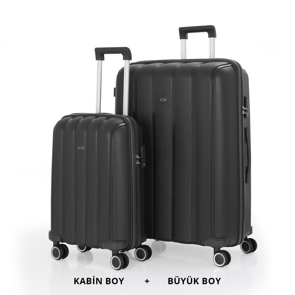 MÇS Bavul Büyük ve Kabin 2li Set Kırılmaz Silikon Valiz V305 Siyah