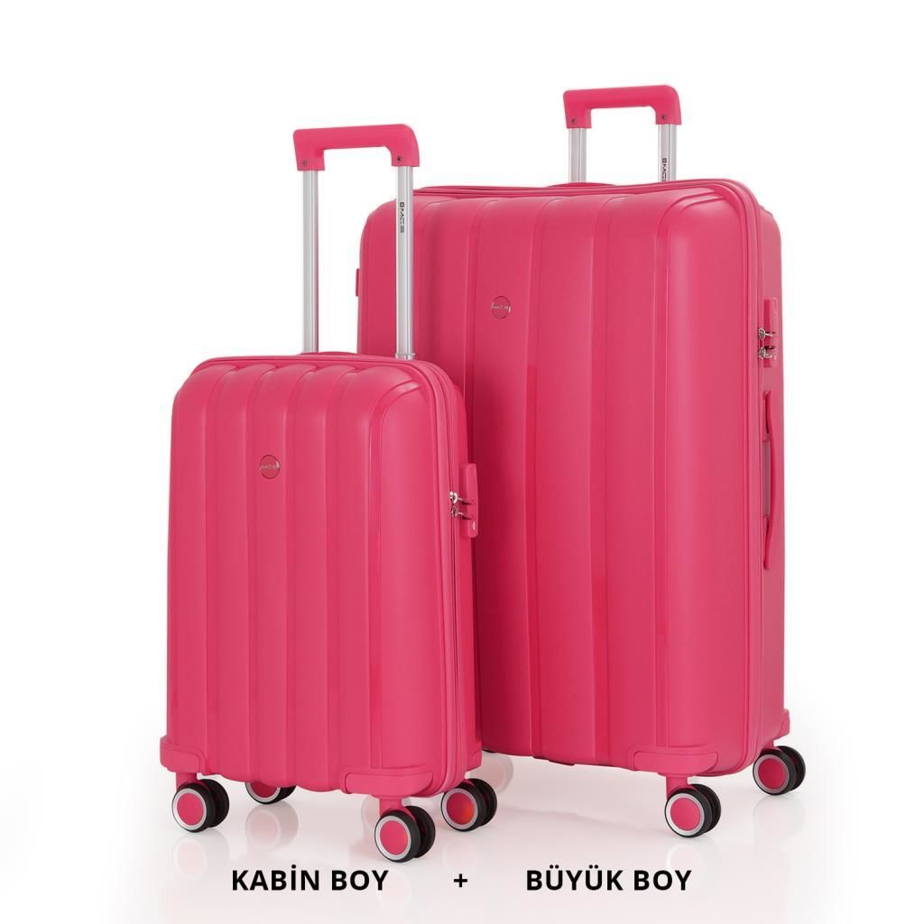 MÇS Bavul Büyük ve Kabin 2li Set Kırılmaz Silikon Valiz V305 Fuşya