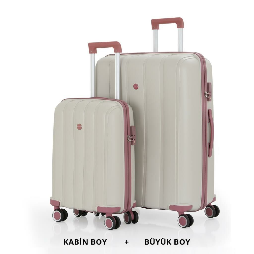 MÇS Bavul Büyük ve Kabin 2li Set Kırılmaz Silikon Valiz V305 Kemik/KPudra