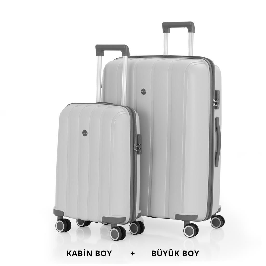 MÇS Bavul Büyük ve Kabin 2li Set Kırılmaz Silikon Valiz V305 Kemik/Gri