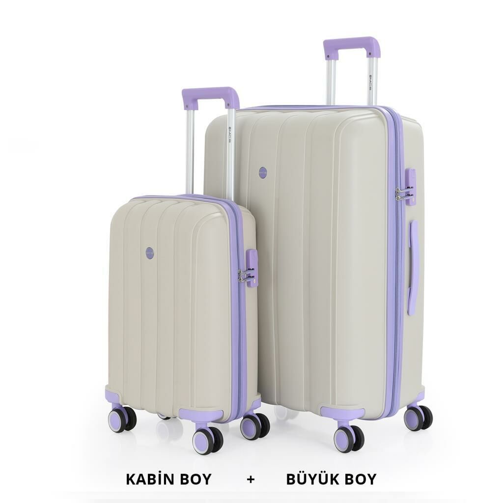 MÇS Bavul Büyük ve Kabin 2li Set Kırılmaz Silikon Valiz V305 Kemik/Lila