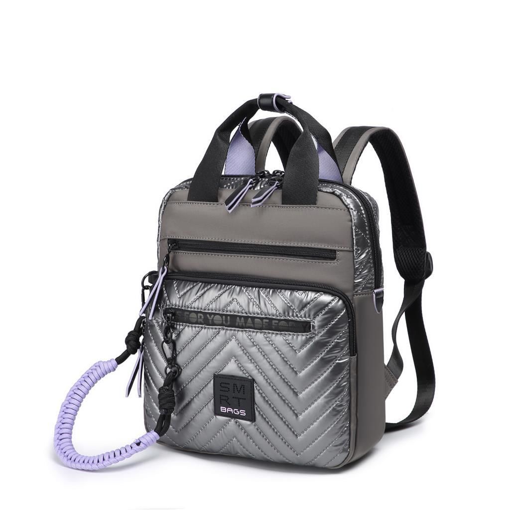 Smart Bags Parlak Kumaş Küçük Boy Askılı Kadın Sırt Çantası 3250 Gri/Lila