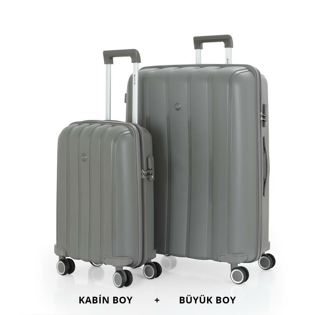 MÇS Bavul Büyük ve Kabin 2li Set Kırılmaz Silikon Valiz V305 Gri