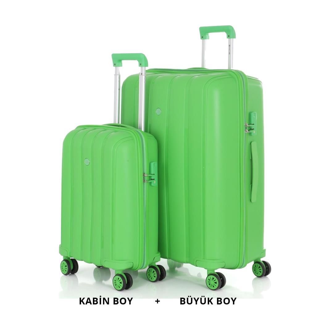 MÇS Bavul Büyük ve Kabin 2li Set Kırılmaz Silikon Valiz V305 Fıstık Y.