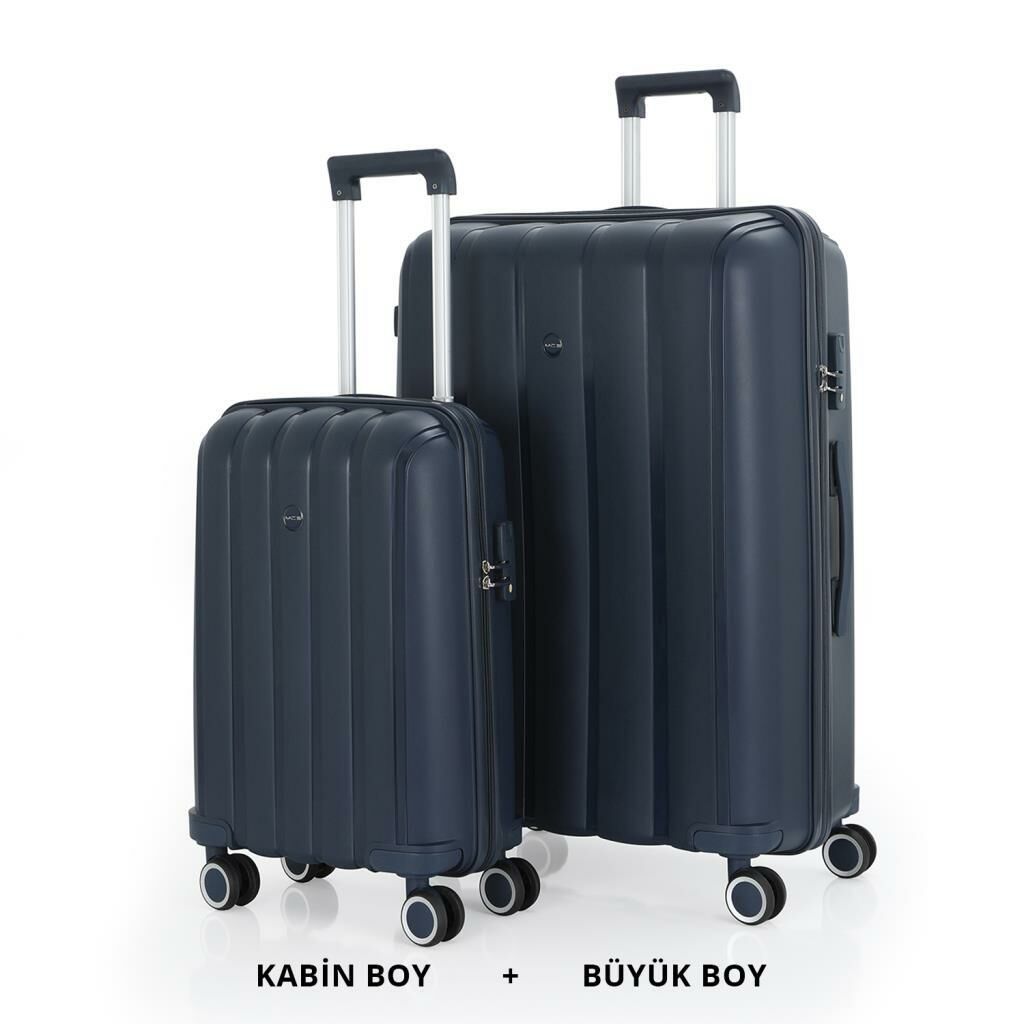 MÇS Bavul Büyük ve Kabin 2li Set Kırılmaz Silikon Valiz V305 Lacivert
