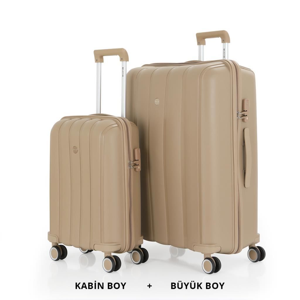 MÇS Bavul Büyük ve Kabin 2li Set Kırılmaz Silikon Valiz V305 Şampanya