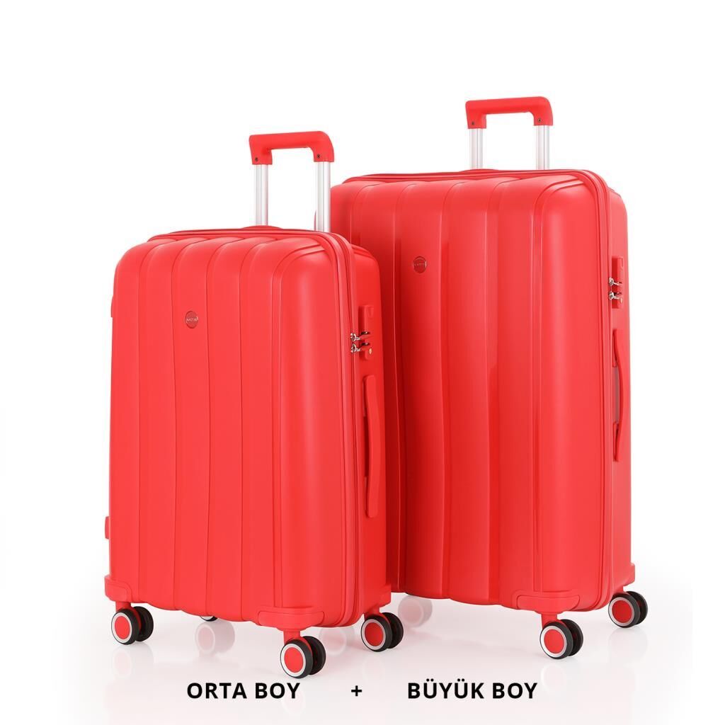 MÇS Bavul Büyük ve Orta 2li Set Kırılmaz Silikon Valiz V305 Kırmızı