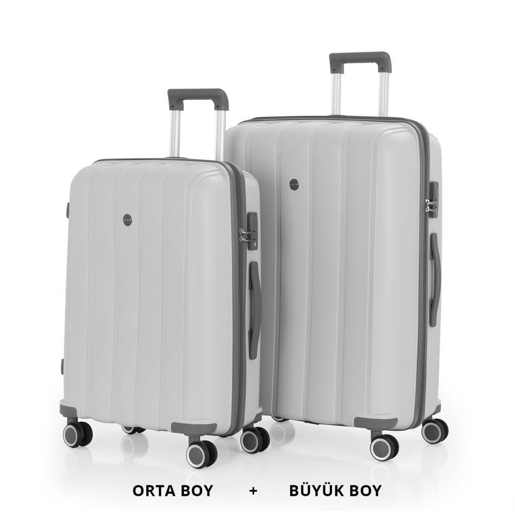 MÇS Bavul Büyük ve Orta 2li Set Kırılmaz Silikon Valiz V305 Kemik/Gri