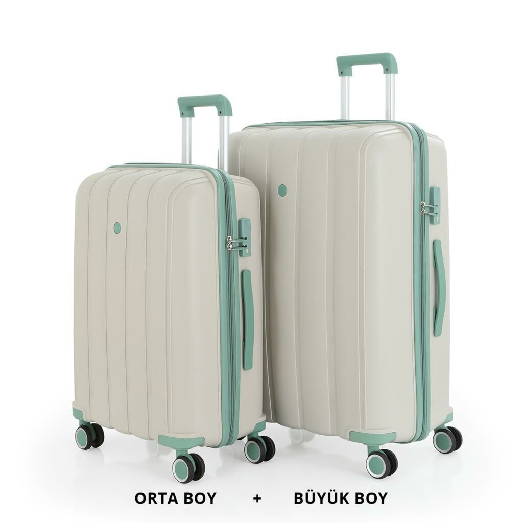 MÇS Bavul Büyük ve Orta 2li Set Kırılmaz Silikon Valiz V305 Kemik/SuYeşili