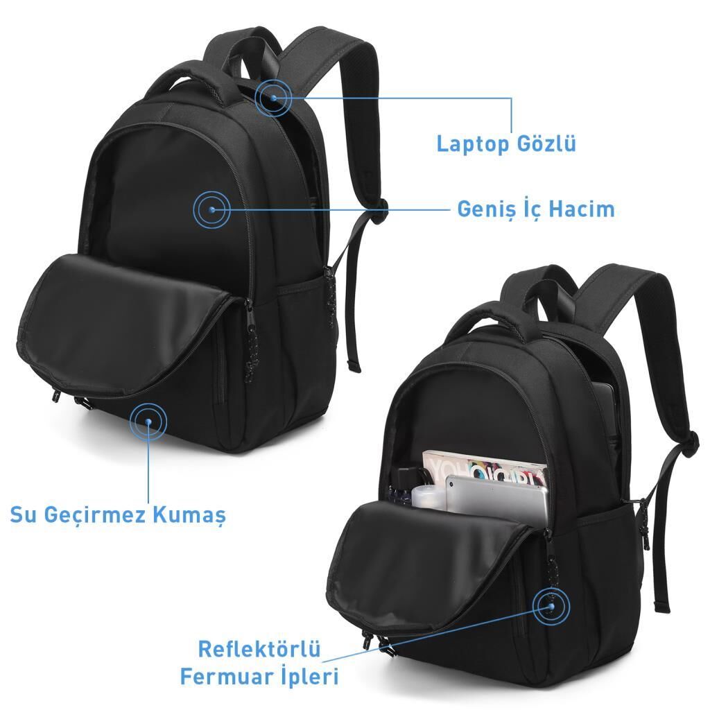 Smart Bags Sırt Çantası Okul Boyu Laptop Gözlü 3159 01 Siyah