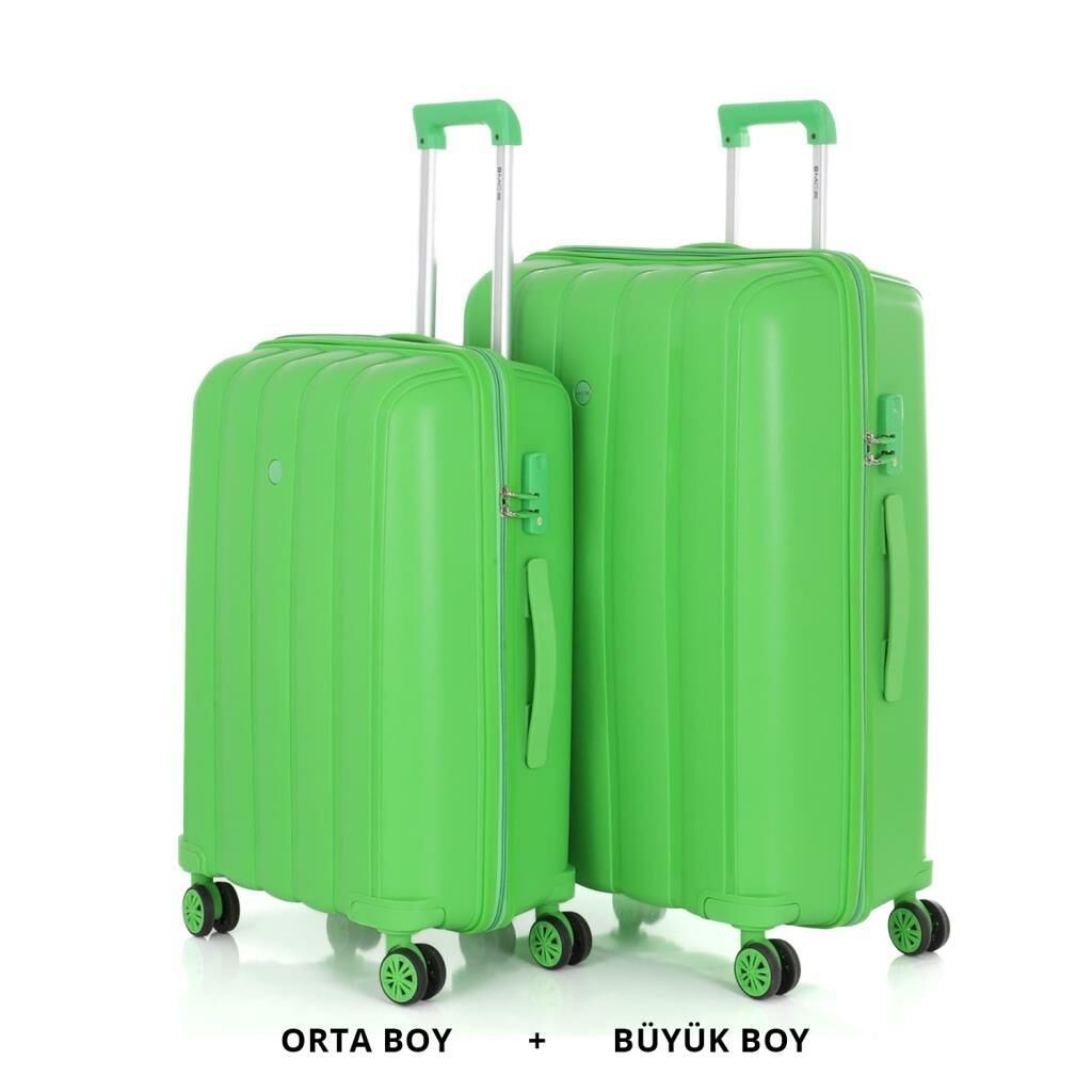 MÇS Bavul Büyük ve Orta 2li Set Kırılmaz Silikon Valiz V305 Fıstık Y.