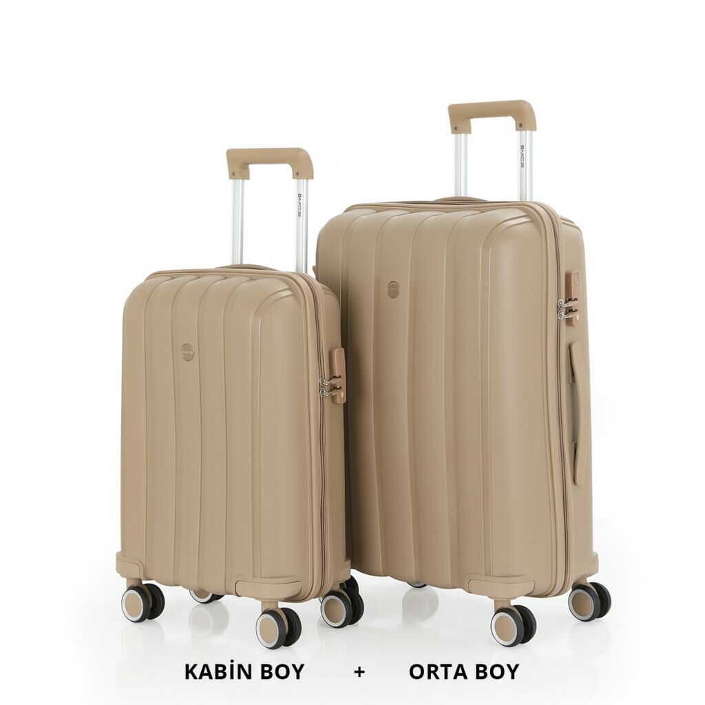 MÇS Bavul Orta ve Kabin 2li Set Kırılmaz Silikon Valiz V305 Şampanya