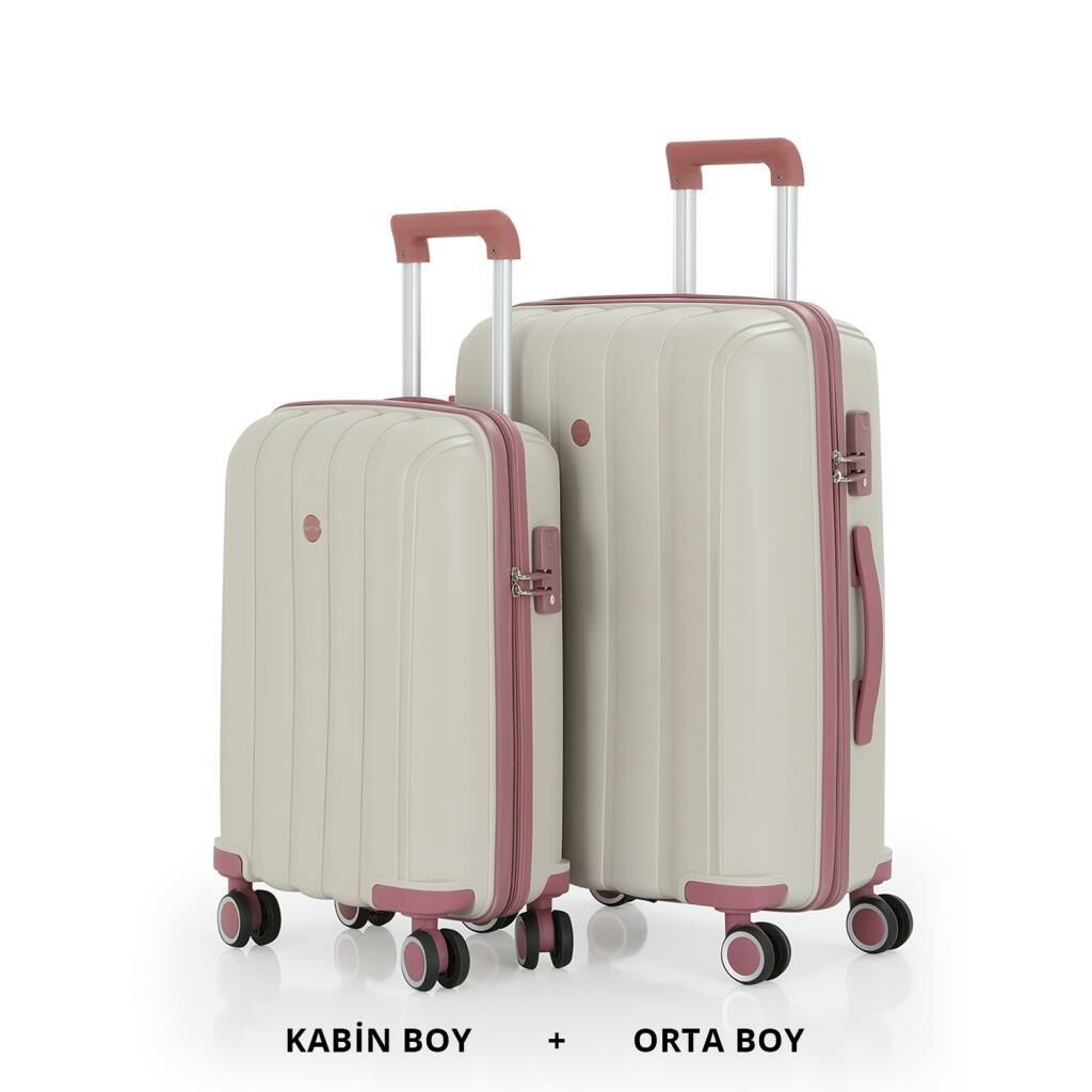 MÇS Bavul Orta ve Kabin 2li Set Kırılmaz Silikon Valiz V305 Kemik/KPudra