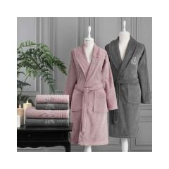 Özdilek Aile Bornoz Seti Soft Leaf Pembe - Antrasit