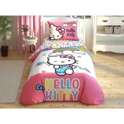 Taç Lisanslı Tek Kişilik Nevresim Takımı Hello Kitty Rainbow
