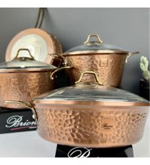 Brioni Copper 7 Parça bakır çelik saplı Granit Tencere Seti