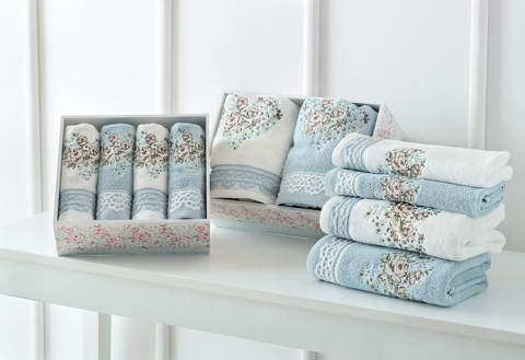 Özdilek Nisa 4'lü Nakışlı Gül Kutulu Havlu Mint-Krem 50x90 cm