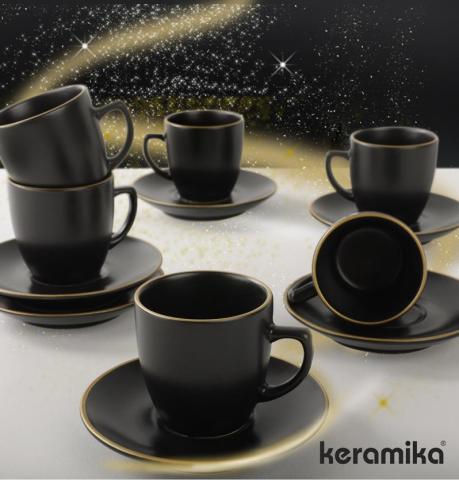 Keramika Kahve Fincan Takımı 12 Parça Mat Altın Siyah