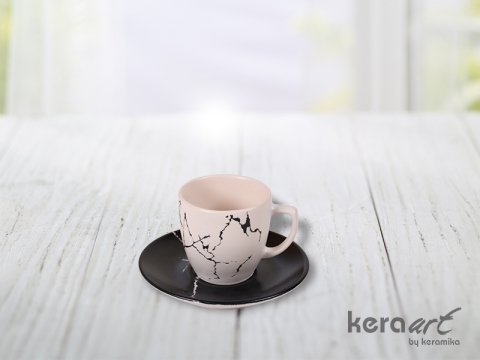 Keramika Kahve Fincan Takımı 12 Parça Mermer Desen Mat Siyah Krem