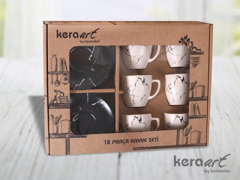 Keramika Kahve Fincan Takımı 12 Parça Mermer Desen Mat Siyah Krem