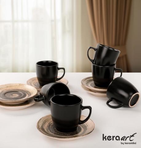 Keramika Kahve Fincan TakımI Magic Silindir Kulplu 12 Parça Mat renkli