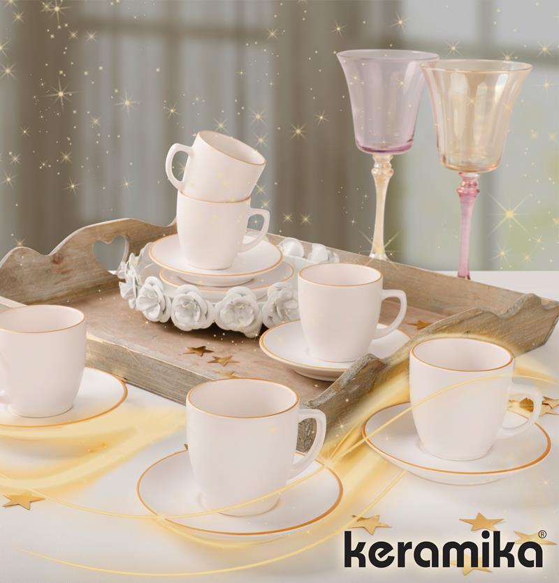 Keramika Kahve Fincan Takım Magic Silindir Kulplu 12 Parça Mat Beyaz