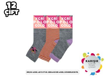 XGRİ POLO 3'lü Kız Çocuk Yıkamalı Penye Soket Çorap 12'li