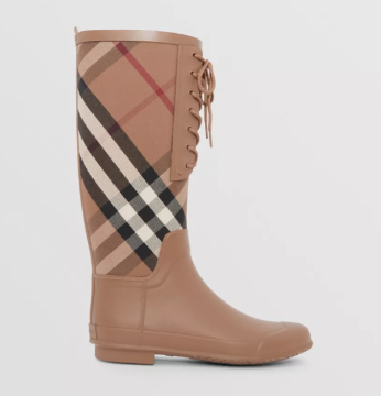 Vintage Check and Rubber Rain Boots - Boots, Brown