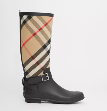 Strap Detail House Check and Rubber Rain Boots - Boots, Patterned