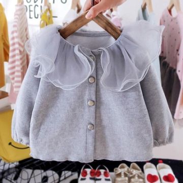 Tulle Collar Cardigan, Gray