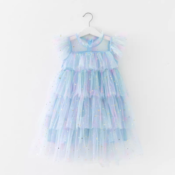 Sequined Fringed Tulle Dress - Pırıltılı Tül Parti Elbisesi, Mavi