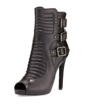 April Stiletto Leather Buckle Bootie - Bot, Siyah