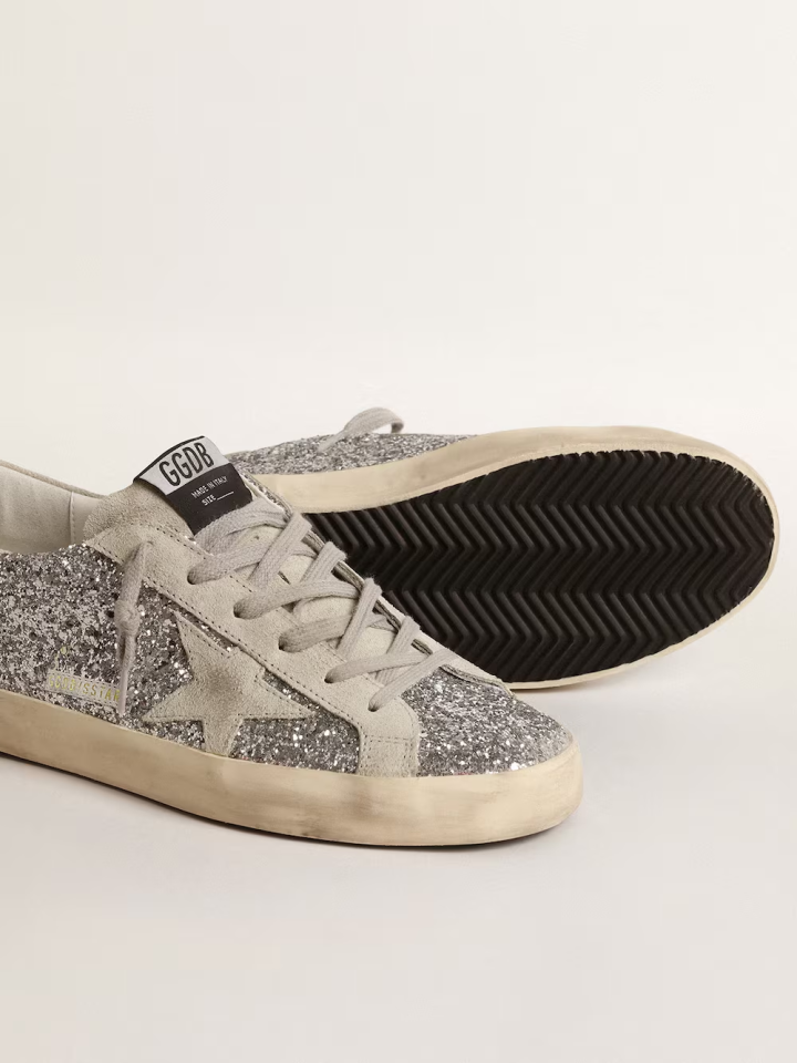 Women's Super-Star in silver glitter with ice-gray suede star - Ayakkabı