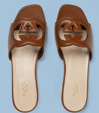 Women's Interlocking G cut-out slide sandal - Terlik, Kahverengi
