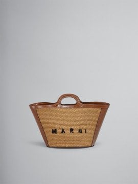 TROPICALIA SMALL BAG IN BROWN LEATHER AND RAFFIA - Bag, Brown