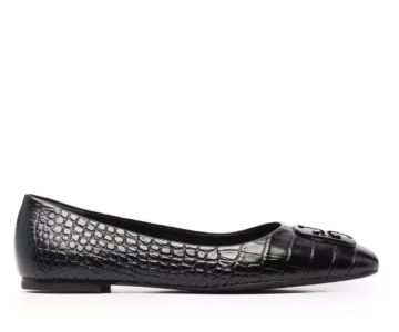 Crocodile-effect leather ballerina shoes - Flat shoes, Black