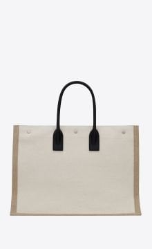 RIVE GAUCHE TOTE BAG IN LINEN AND LEATHER - Çanta, Beyaz