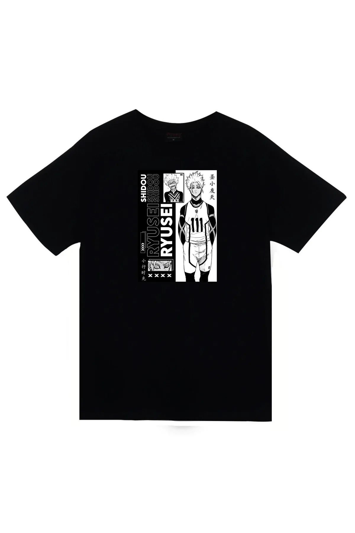 Blue Lock, Shidou Ryusei Anime Baskılı Unisex %100 Pamuk Siyah T-shirt