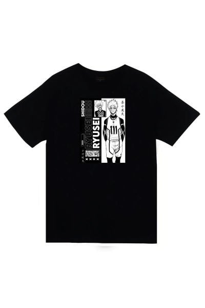 Blue Lock, Shidou Ryusei Anime Baskılı Unisex %100 Pamuk Siyah T-shirt