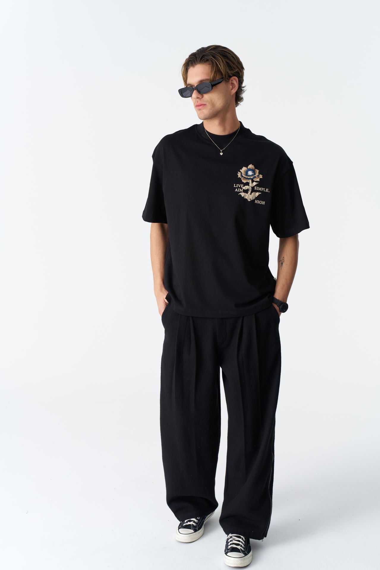 LIVE SIMPLE AIM HIGH Baskılı, Nakışlı Unisex %100 Pamuk T-shirt
