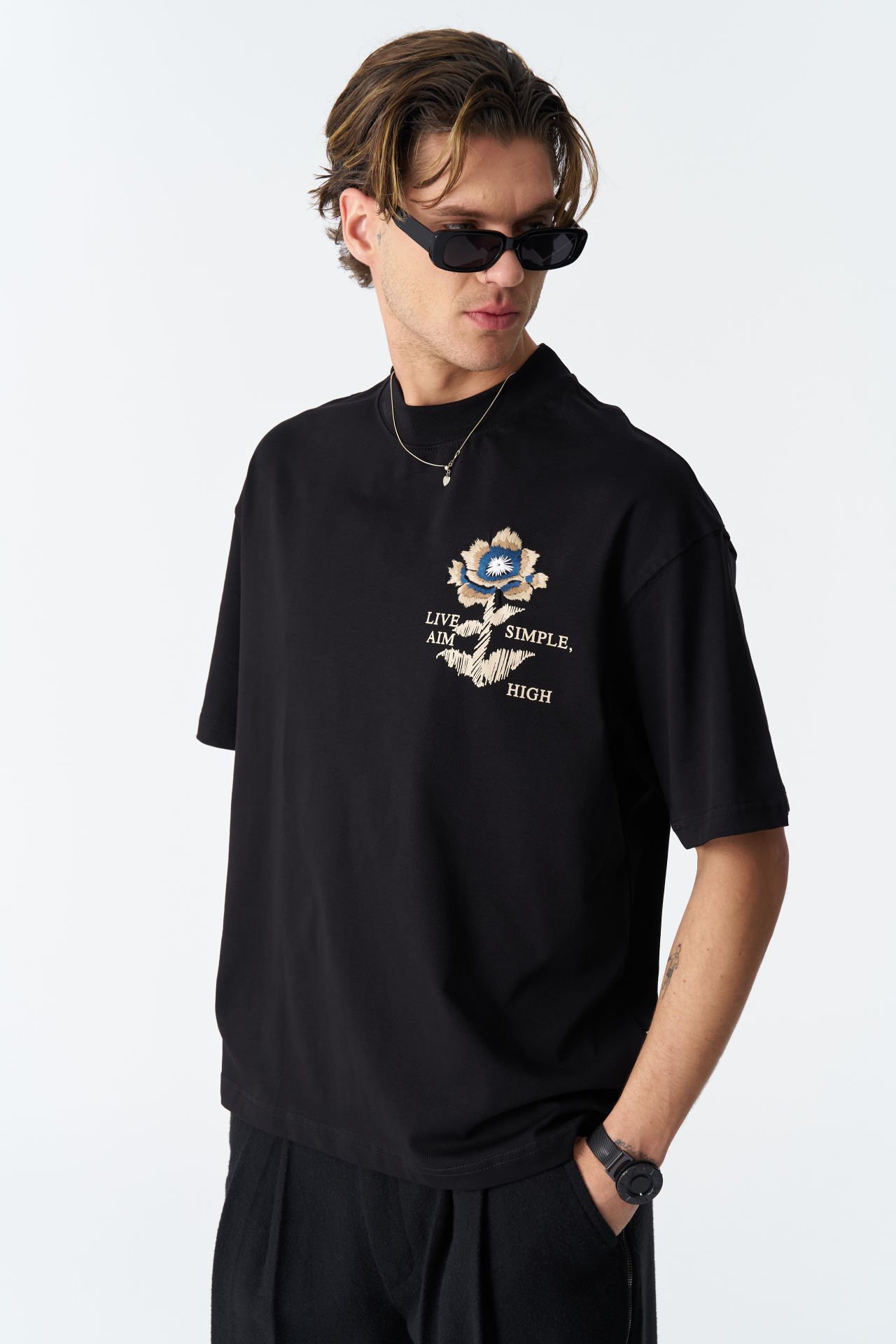 LIVE SIMPLE AIM HIGH Baskılı, Nakışlı Unisex %100 Pamuk T-shirt
