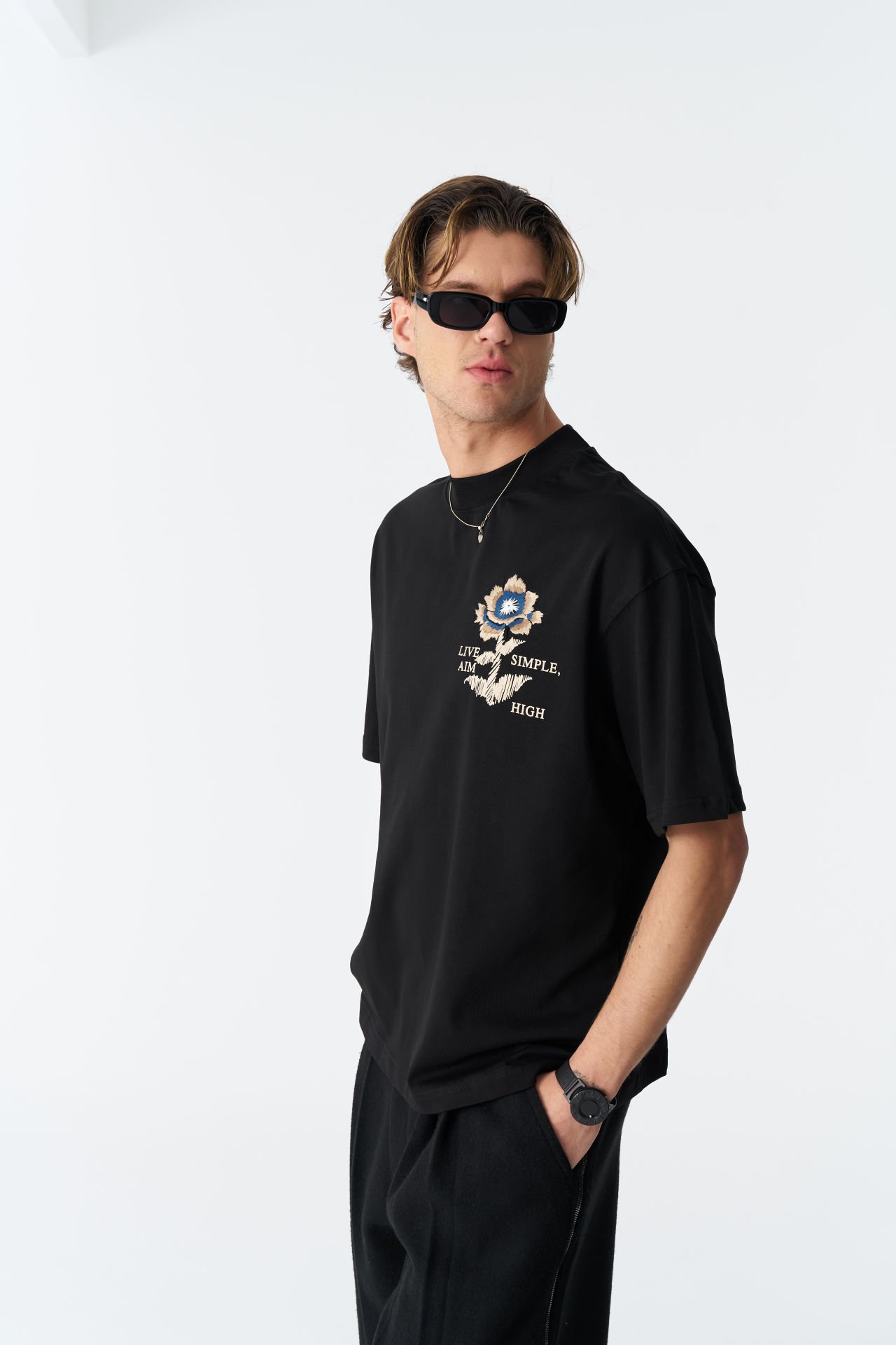 LIVE SIMPLE AIM HIGH Baskılı, Nakışlı Unisex %100 Pamuk T-shirt