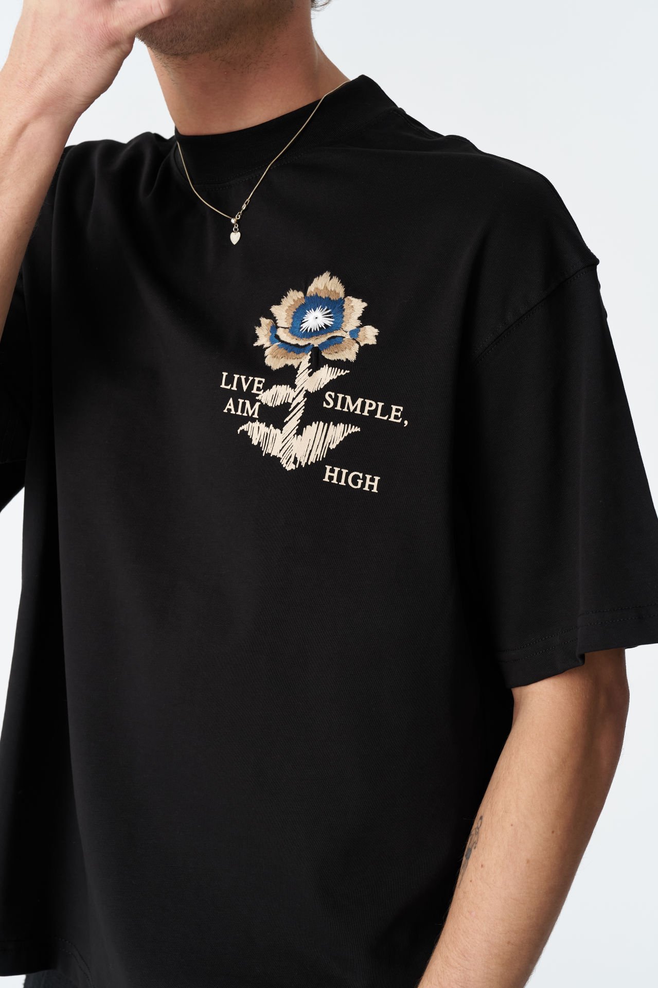 LIVE SIMPLE AIM HIGH Baskılı, Nakışlı Unisex %100 Pamuk T-shirt