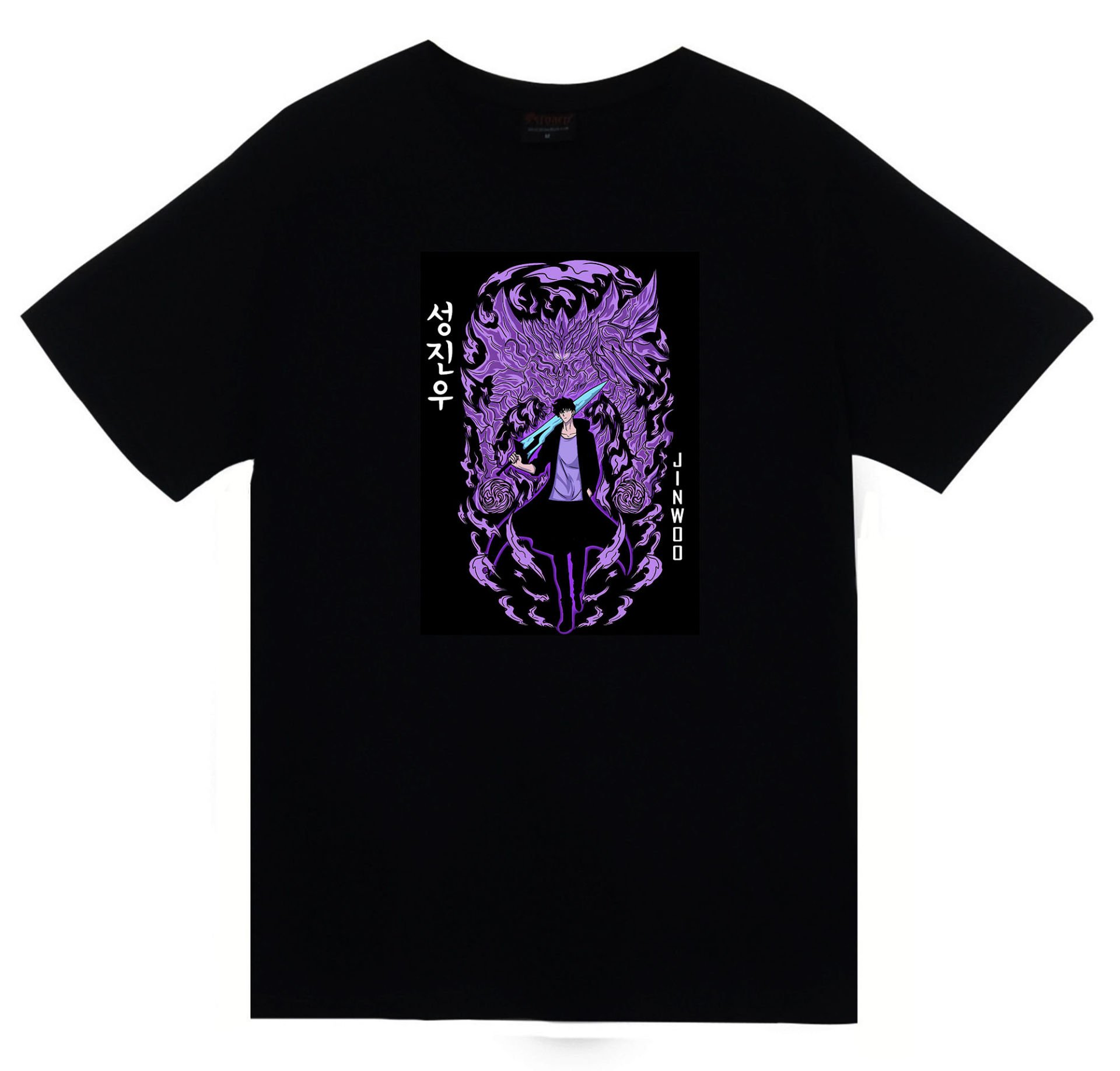 Solo Leveling Sung Jin Woo Anime Baskılı Unisex %100 Pamuk Siyah T-shirt