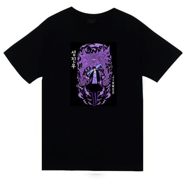 Solo Leveling Sung Jin Woo Anime Baskılı Unisex %100 Pamuk Siyah T-shirt