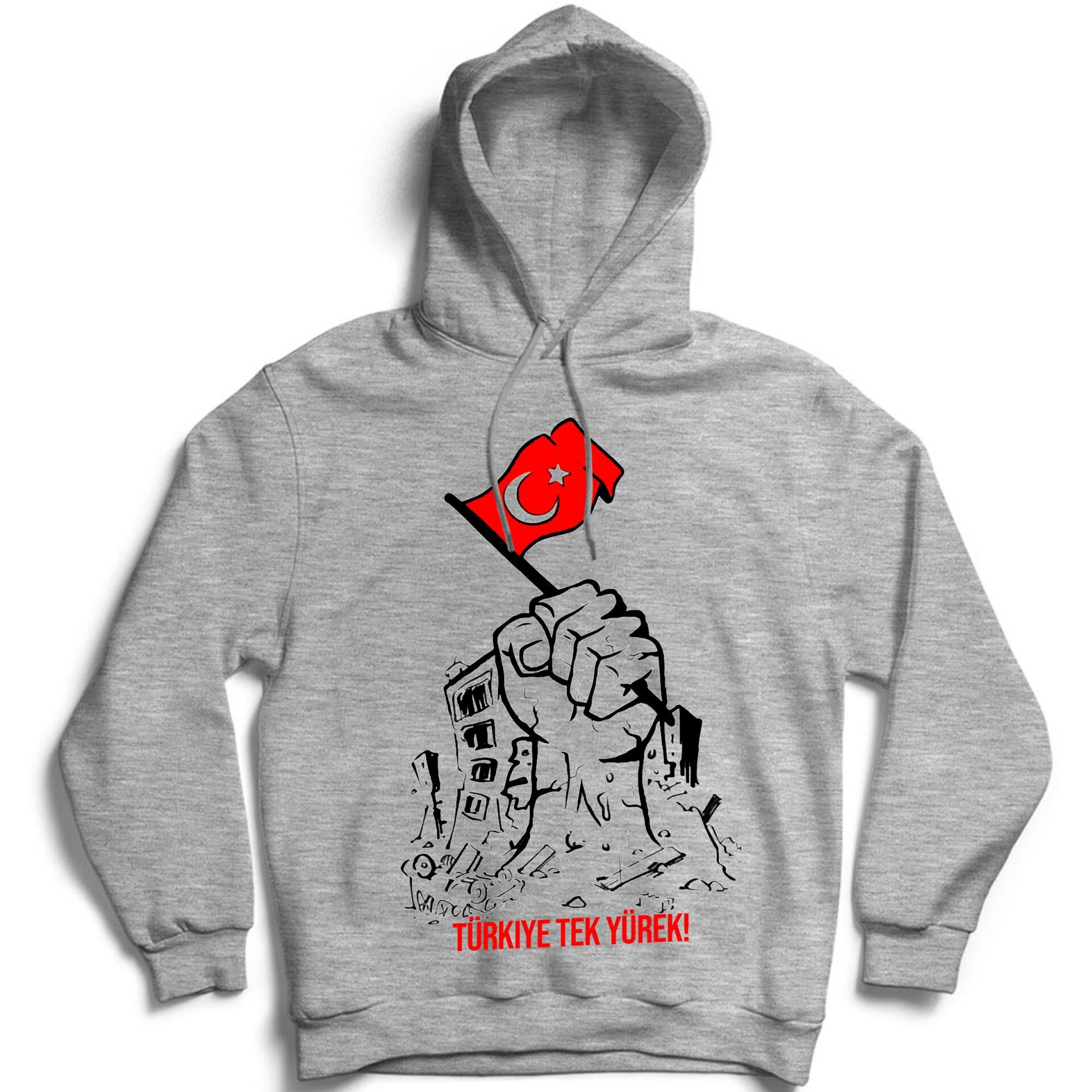 Tek Yürek Türkiyem Baskılı Kapşonlu Sweatshirt